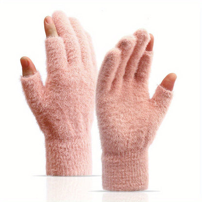 Plus Velvet Thickened Warm Gloves - Soft, Open Fingers Design for Convenient Touch Screen, Coldproof, and Comfortable Writing Experience for Women in Winter