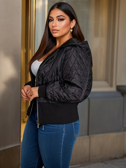 Plus Size Puffer Coat - Relaxed Fit, Solid Color, Quilted, Hooded, Drawstring, Long Sleeve, Zip-Up - Womens Plus Size, Everyday Casual Wear