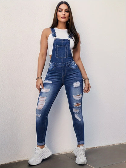 Ripped Distressed Plain Washed Blue Whiskering Casual Style Denim Overalls Dungarees, Women's Denim Jeans & Clothing