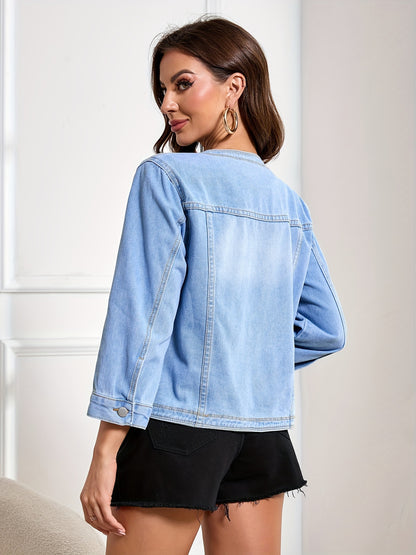 Plain Washed Blue Button Up Crew Neck Long Sleeve Elegant Style Denim Jacket Top, Women's Denim Jeans & Clothing