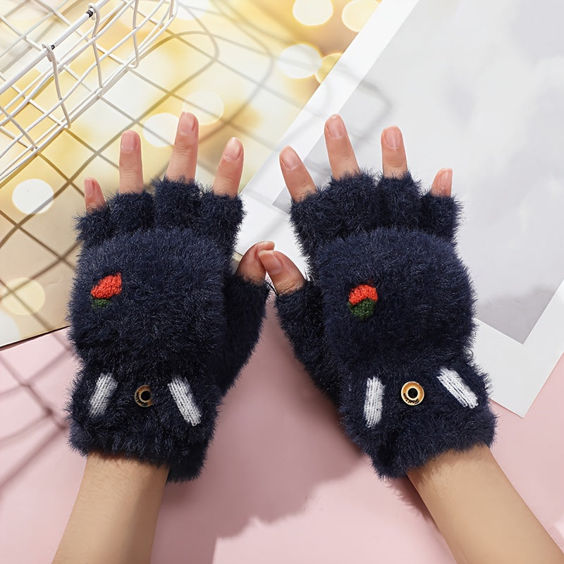 Cute Cat Paw Fuzzy Lined Mitten Gloves - Soft, Warm, Flip-Up, Fingerless, Winter Gloves with Aesthetic Design