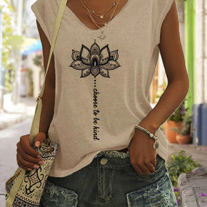 Lotus Print V Neck Tank Top, Cap Sleeve Casual Top For Summer & Spring, Women's Clothing