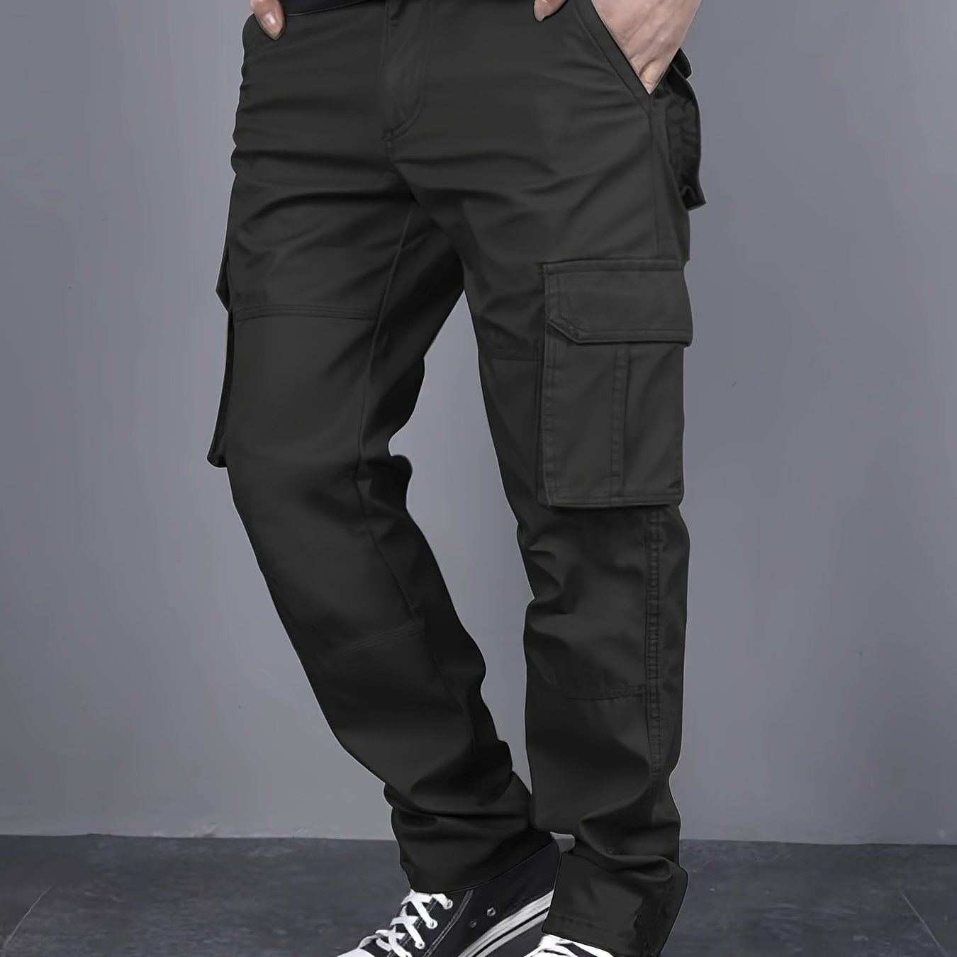 Mens Loose Fit Solid Color Cargo Pants - Multi-Pocket Drawstring Trousers for Weekend Casual - Polyester, Non-Stretch, Mid Waist, Regular Length, Hand Washable