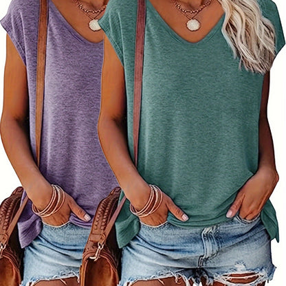 Solid Color V Neck T-shirt 2 Packs, Casual Cap Sleeve Top For Spring & Summer, Women's Clothing