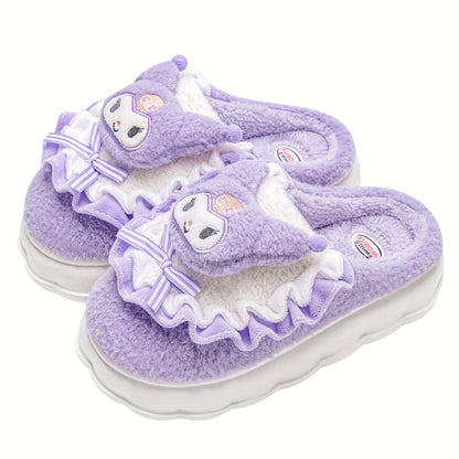 Sanrio Kuromi Plush Slippers for Girls - Cozy & Cute Cartoon Design with Soft EVA Sole, Perfect for Indoor Wear in Fall/Winter