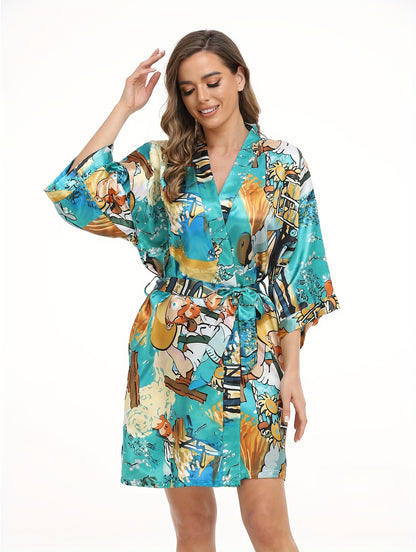 Romantic Floral Satin Kimono Robe - Luxurious Three-Quarter Sleeve V-Neck Sleepwear with Belted Waist for Women - Elegant Nighttime Elegance