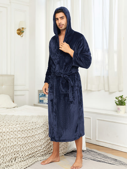 Ultra-Soft Flannel Double Layer Hooded Bathrobe for Men - Robes with Breathable Comfy Solid Color Design, Adjustable Belt, and Pajamas-Perfect Night-robe Set for Relaxation After a Bath