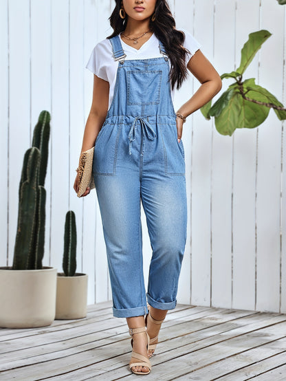 Plain Washed Blue Elegant Style Drawstring Elastic Waistband Denim Overalls Dungarees, Women's Denim Jeans & Clothing