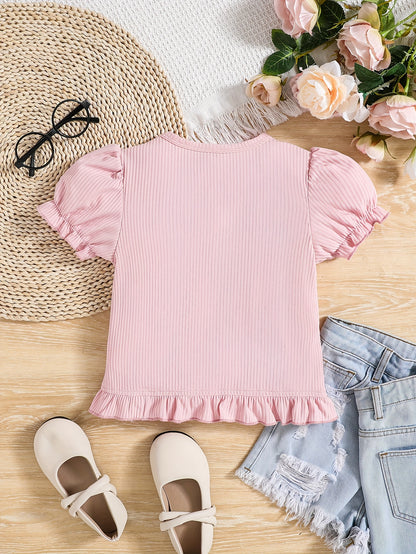 Girls Adorable Ruffled Hem Blouse - Puff Sleeves, White Button Detail, Cute Summer Style, Casual Wear, Soft Fabric, Relaxed Fit, Easy Care