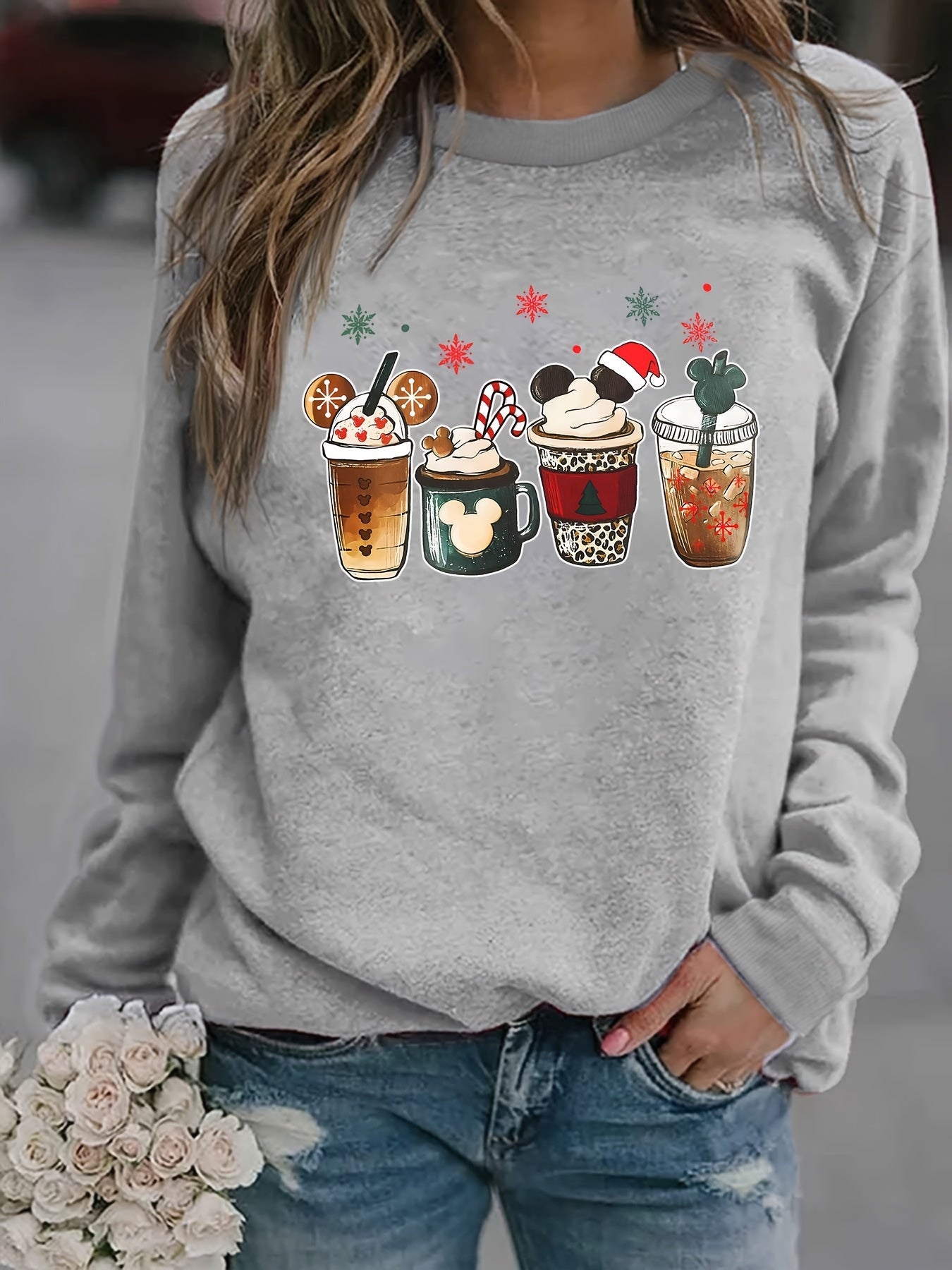 Christmas Coffee Print Sweatshirt, Casual Long Sleeve Crew Neck Sweatshirt, Women's Clothing