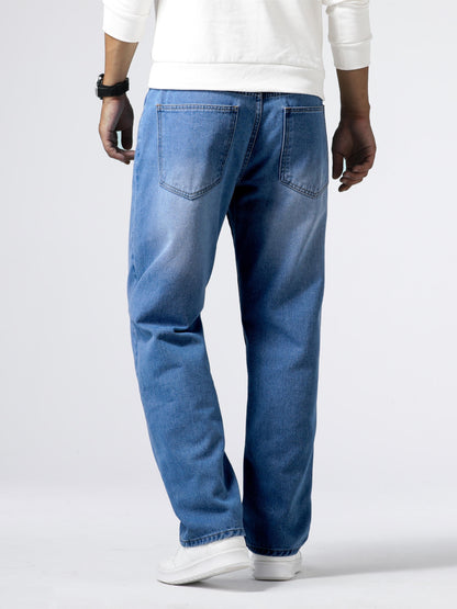 Men's Classic Design Loose Fit Distressed Jeans, Casual Street Style Denim Pants For The Four Seasons