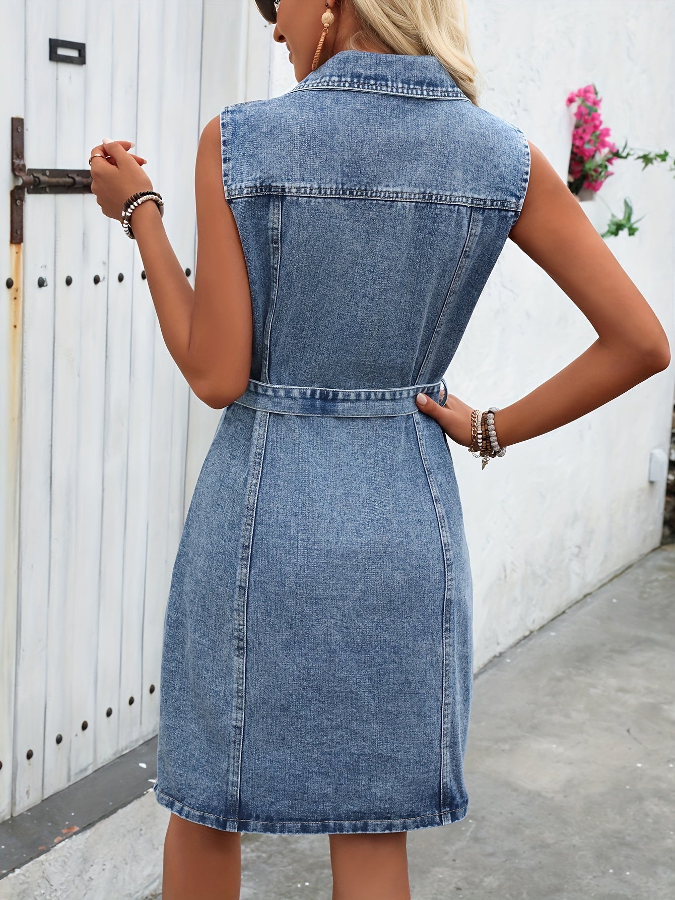 Women's Sleeveless Denim Dress With Belt, Elegant Long Jean Dress, Casual Summer Dress With Pockets, Front Button-Down Design, Fashion Streetwear