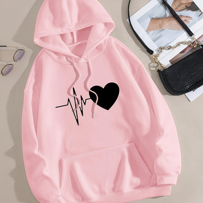 Casual Chic Heart Print Knit Hoodie - Women's Comfy Alphabet Pattern Top for Fall/Winter, Easy-Care & Stretchy