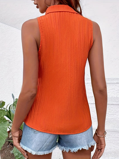 Button Front Collar Tank Top, Casual Sleeveless Textured Top For Summer, Women's Clothing