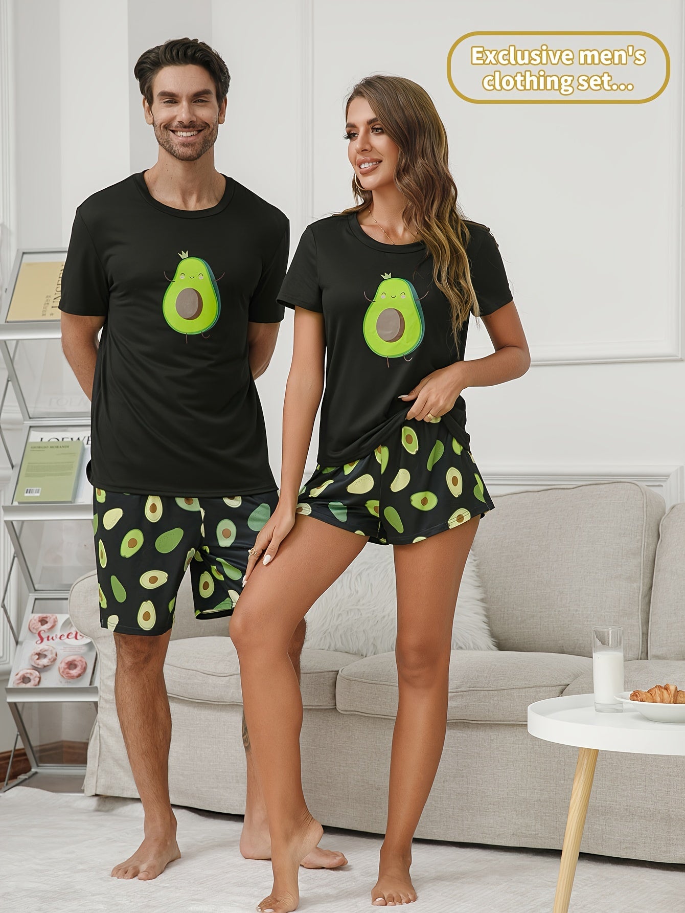 Men's Couple's 2 Pcs Leisure Pajama Suit - Cute Avocado Print Round Neck Short Sleeve & Shorts For Daily Wearing