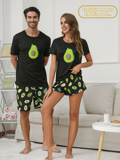 Men's Couple's 2 Pcs Leisure Pajama Suit - Cute Avocado Print Round Neck Short Sleeve & Shorts For Daily Wearing