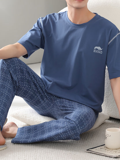 2 Pcs Mens Pajama Sets - Stylish Letter Pattern Print Short Sleeve T-shirts & Soft Plaid Pants, Gentle Style for Comfortable Summer Loungewear, Perfect for Mens Cozy Relaxation