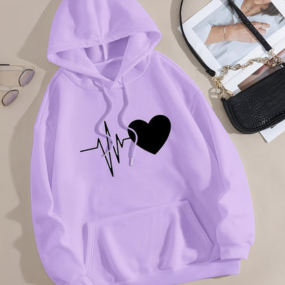 Casual Chic Heart Print Knit Hoodie - Women's Comfy Alphabet Pattern Top for Fall/Winter, Easy-Care & Stretchy