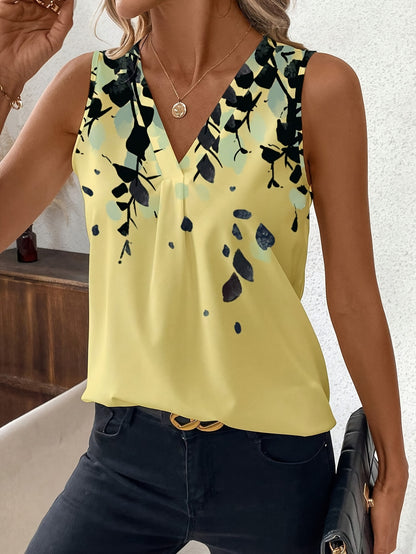 Plant Print V Neck Tank Top, Casual Sleeveless Tank Top For Summer, Women's Clothing