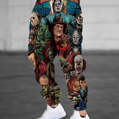 Men's Casual Horror Movie Graphic Print Trousers with Pockets, 100% Polyester Knit Fabric, Loose Fit All-Season Joggers with Slight Stretch - Regular Length