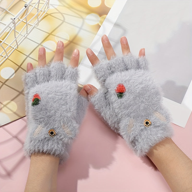 Cute Cat Paw Fuzzy Lined Mitten Gloves - Soft, Warm, Flip-Up, Fingerless, Winter Gloves with Aesthetic Design