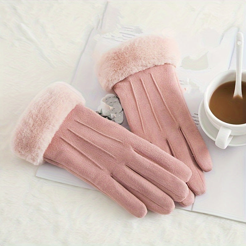 Simple Plush Cuff Suede Gloves Solid Color Plus Velvet Thickened Warm Gloves Women's Autumn Winter Windproof Coldproof Gloves