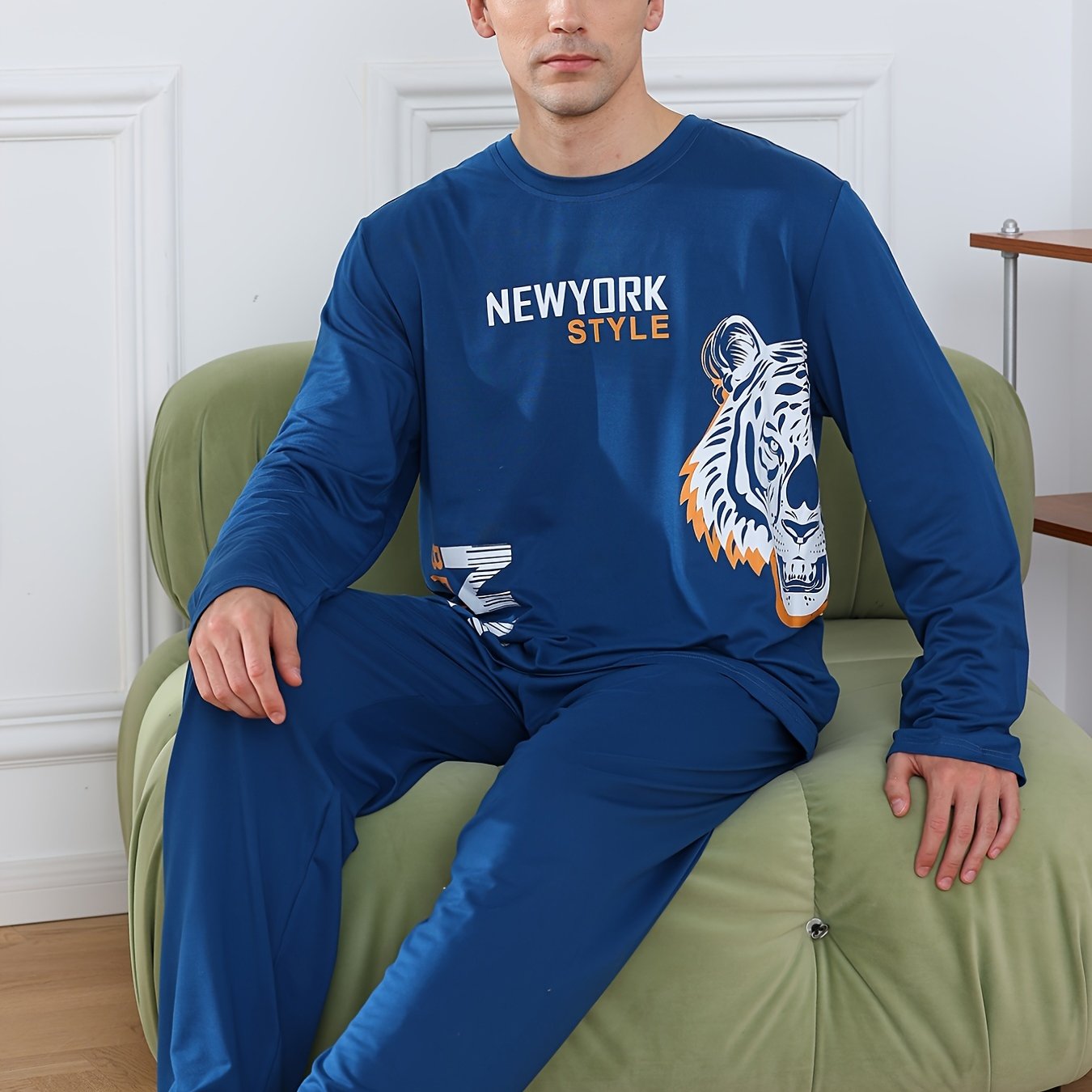 Men's Comfy Casual Home Pajamas Set, Fashion Letter And Tiger Graphic Print Long Sleeve Sweatshirt & Loose Pants For Spring Autumn Winter