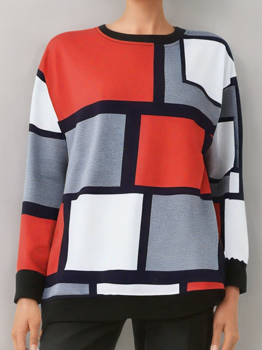 Vibrant Geo Print Color Block Crew Neck Pullover Sweatshirt - Soft Micro Elasticity Polyester Fabric, Machine Washable, Casual Long Sleeve Top for Spring & Fall - Womens Knit Clothing for All Seasons