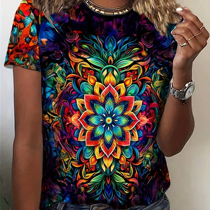 Vibrant Floral Print Crew Neck T-Shirt - Soft Mid-Elasticity Polyester Fabric, Casual Short Sleeve Top for Spring, Summer, and Fall - Machine Washable, Regular Length, Knit Fabric, All Over Positioning Print