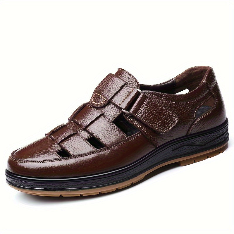 Mens Top Grain Cow Leather Low Top Solid Color Slip On Sandals - Comfy Non Slip Rubber Sole, Hook and Loop Fastener, Breathable PU Lining, Round Toe, Perfect for Summer Beach Water Casual Wear