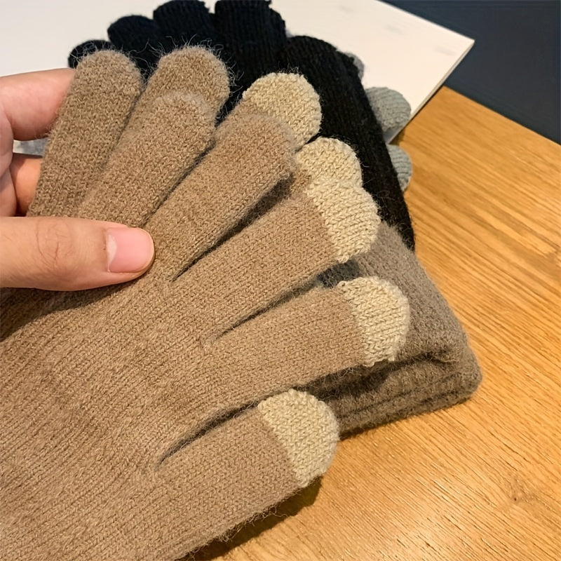 1 Pair of Cozy Two-Tone Winter Knitted Full Finger Gloves - Warm, Letter Patched, Soft, and Stretchy for Womens Cold Weather Protection - Perfect for Outdoor Activities