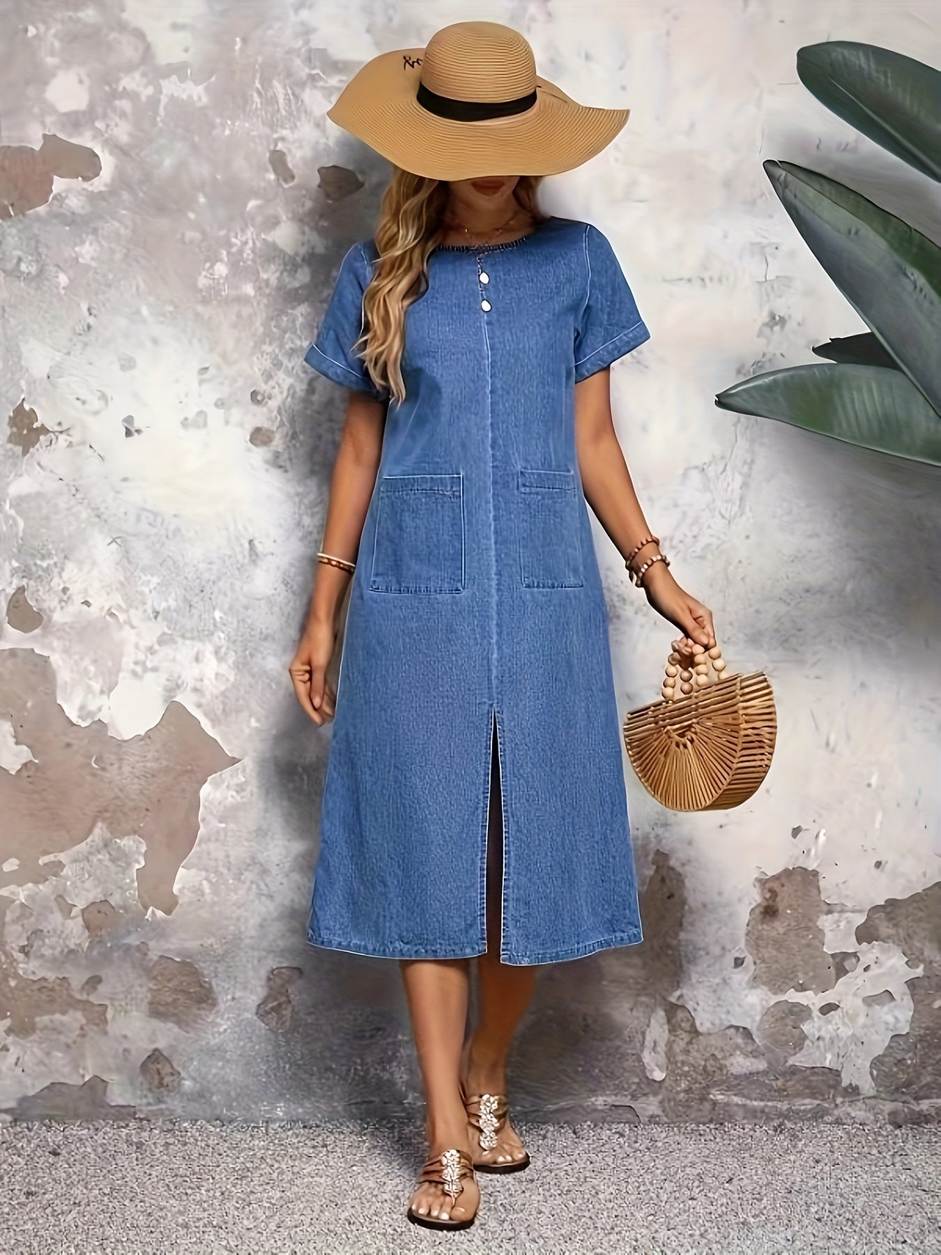 Plain Washed Blue Split Front Short Sleeve Patch Pocket Simple Elegant Midi Denim Dress, Women's Denim Jeans & Clothing