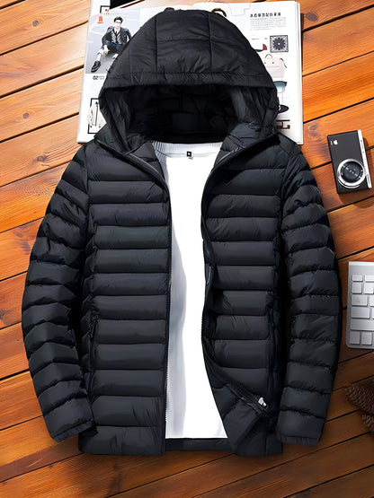 Men's Premium Loose Fit Solid Puffer Coat - Breathable, Water-Resistant, Zip-Up, Long Sleeve, Warm, Hooded, Casual Jacket with Multiple Pockets for Winter Outdoor Activities and Daily Wear