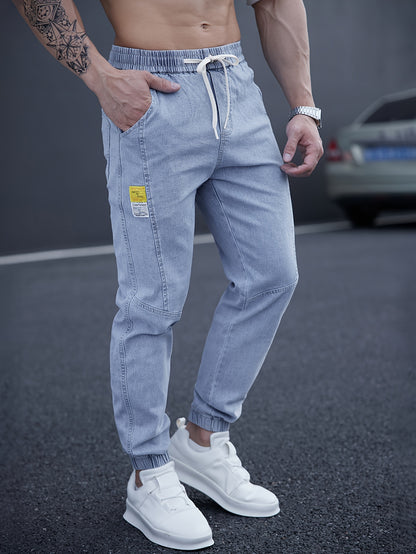 Men's Casual Tapered Jeans with Adjustable Drawstring Waist for Comfortable Street Style