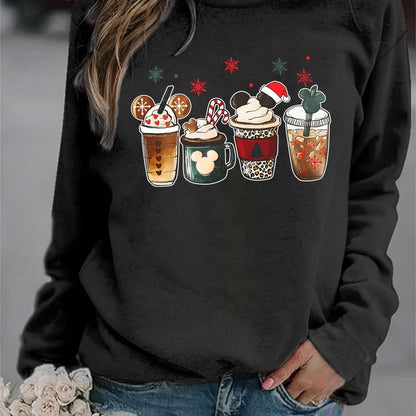 Christmas Coffee Print Sweatshirt, Casual Long Sleeve Crew Neck Sweatshirt, Women's Clothing