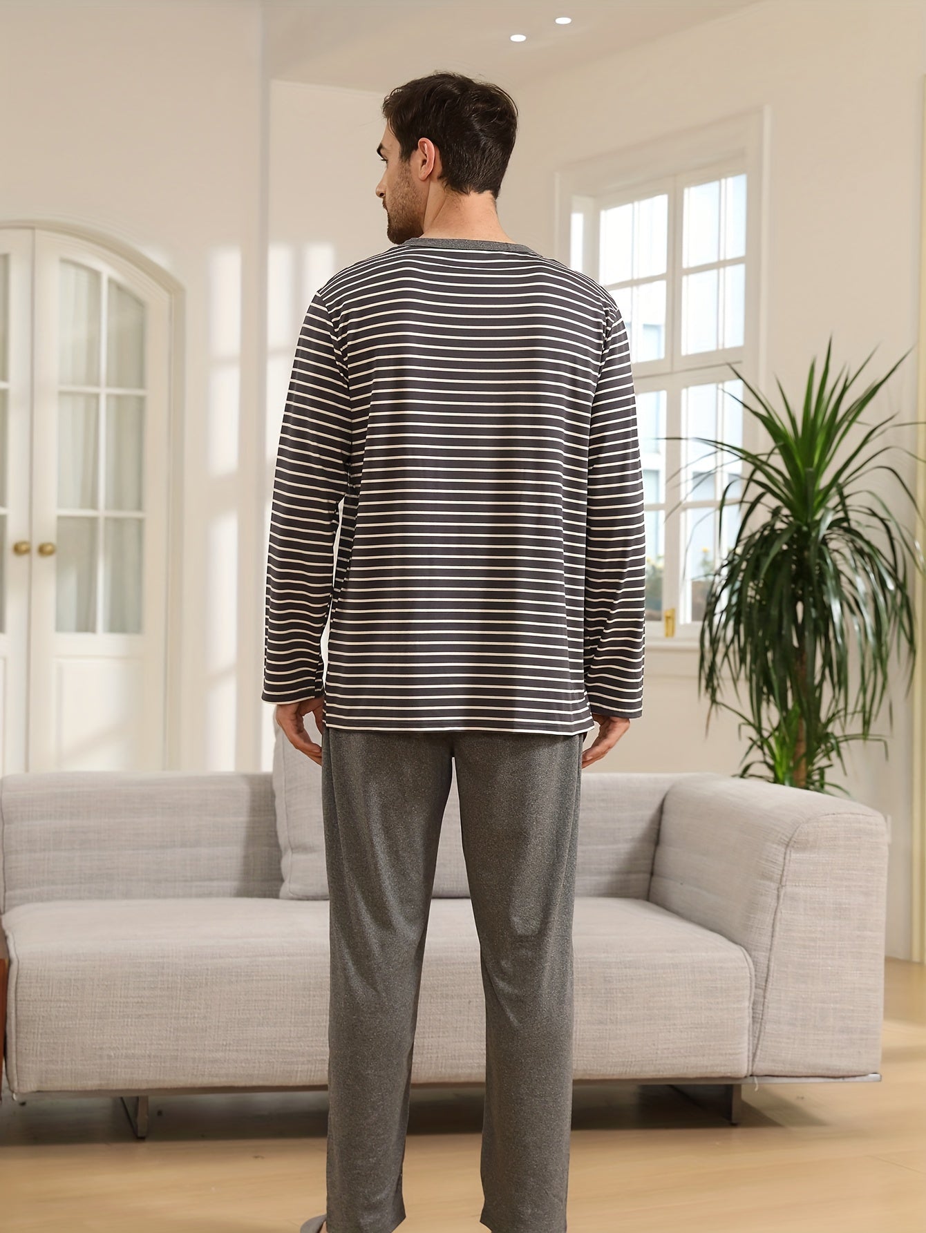 Men's Striped Long Sleeve Pajama Set: Relaxed, Spring/Autumn, Microfiber, Pocket, Regular Fit, Knit