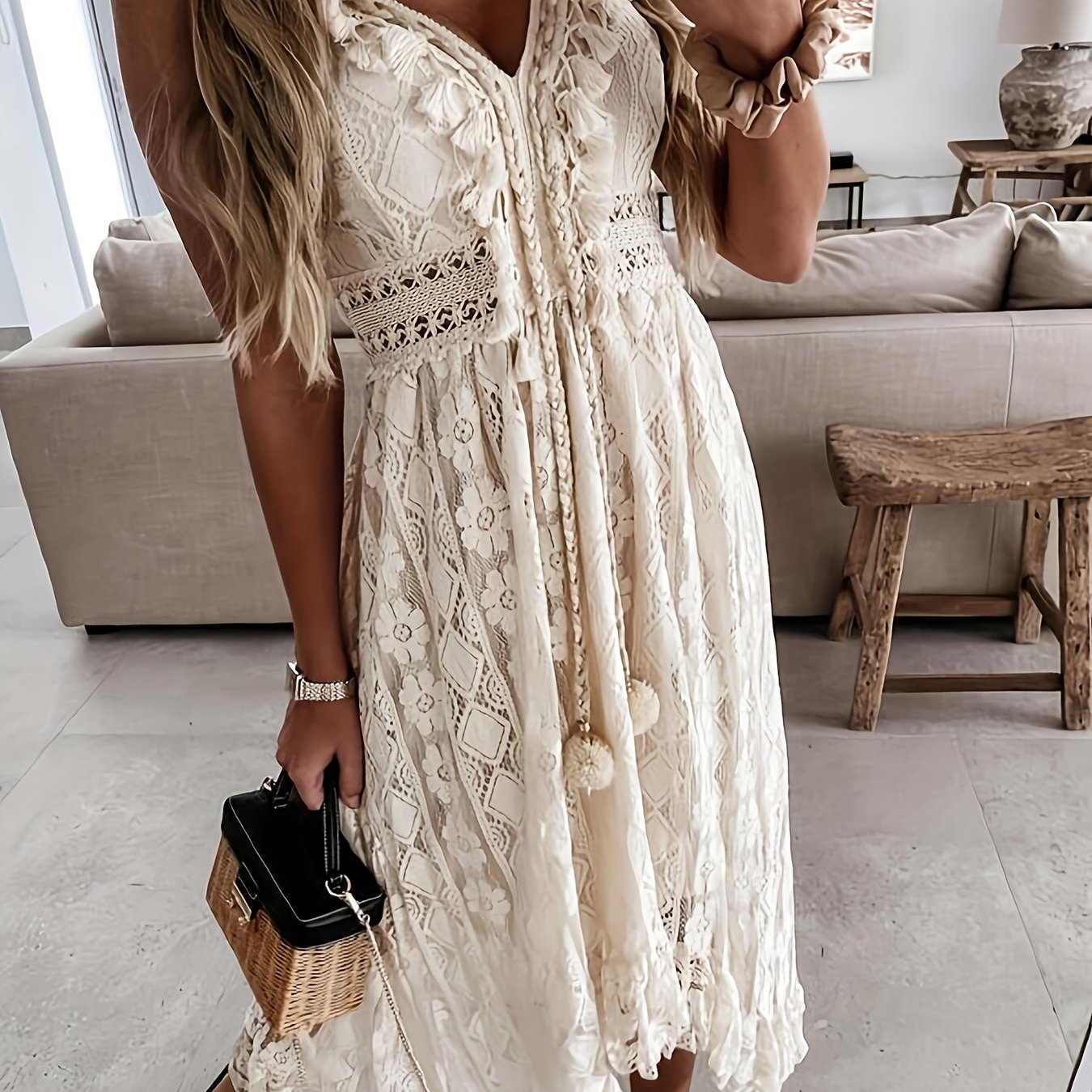 Flowy V-Neck Lace Trim Maxi Sundress - Bohemian Spaghetti Straps - Beach & Vacation Attire for Women