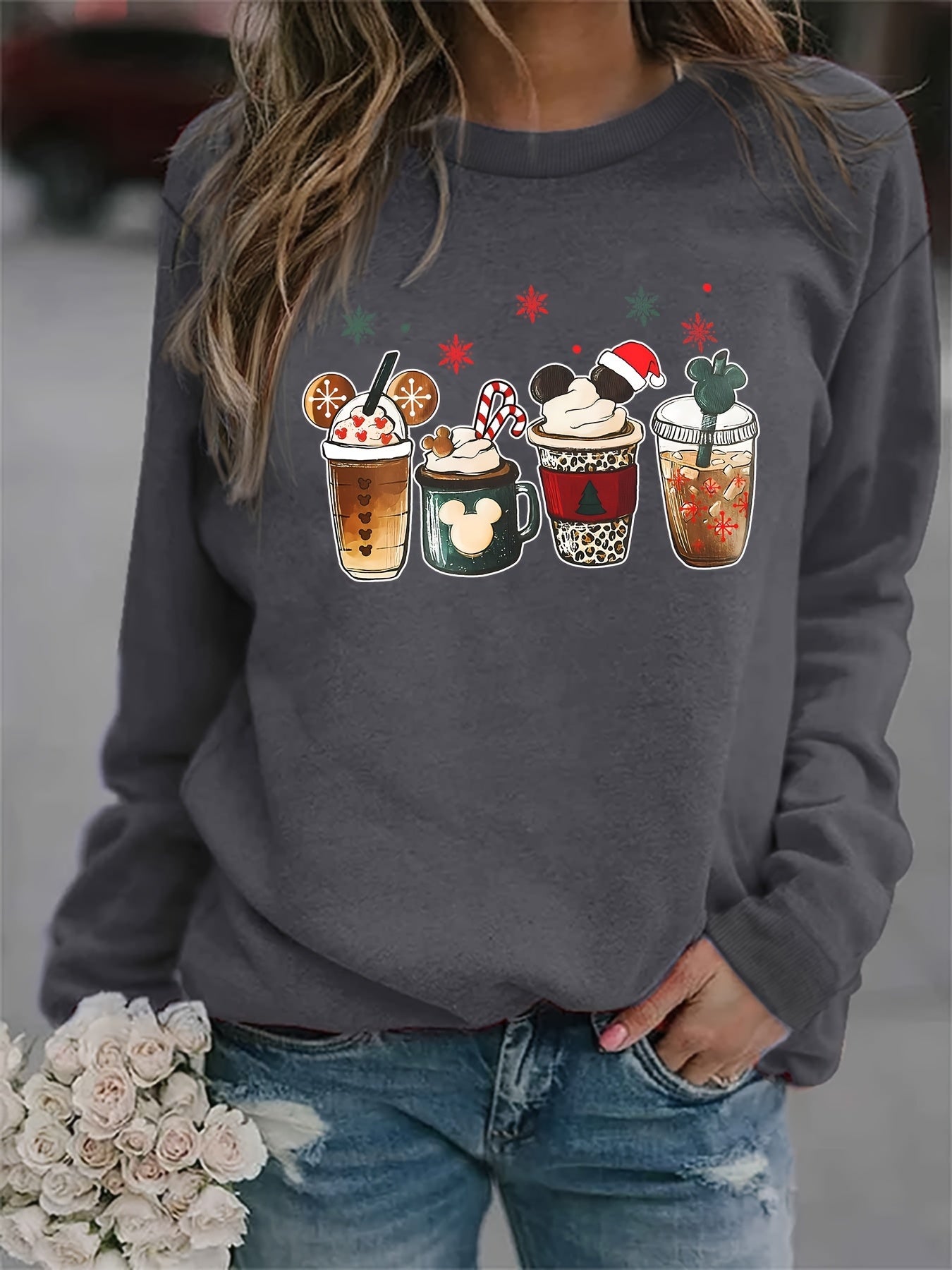 Christmas Coffee Print Sweatshirt, Casual Long Sleeve Crew Neck Sweatshirt, Women's Clothing