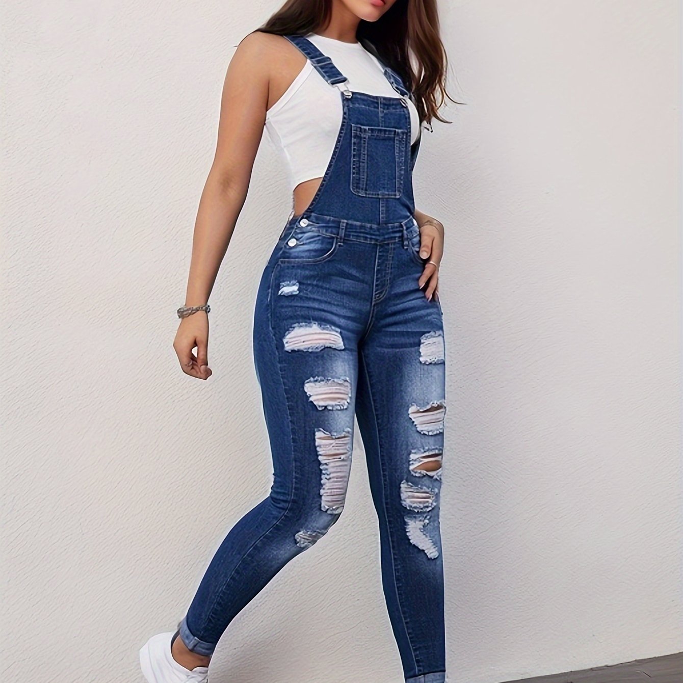 Ripped Distressed Plain Washed Blue Whiskering Casual Style Denim Overalls Dungarees, Women's Denim Jeans & Clothing