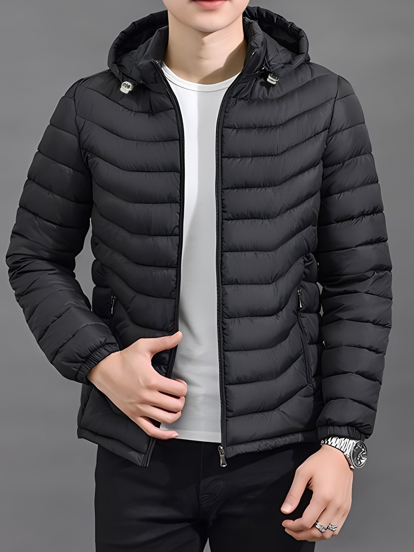 Mens Quilted Hooded Puffer Coat - Water-Resistant, Breathable, Zip-Up, Long Sleeve, Warm, and Lightweight - Perfect for City Walks, Street Hanging, and Winter Outdoor Activities