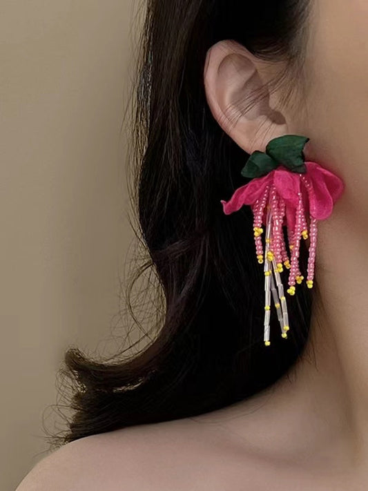 sengpan 2024 New Silver Pin Flower Beaded Tassel Earrings