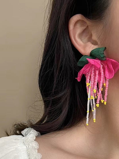 sengpan 2024 New Silver Pin Flower Beaded Tassel Earrings