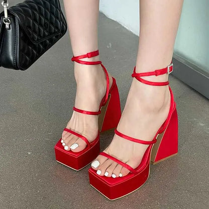 Dress Shoes New high heels womens sandals square open toe pump platform shoes red and blue thin straps sexy fashion designer party dress H240527