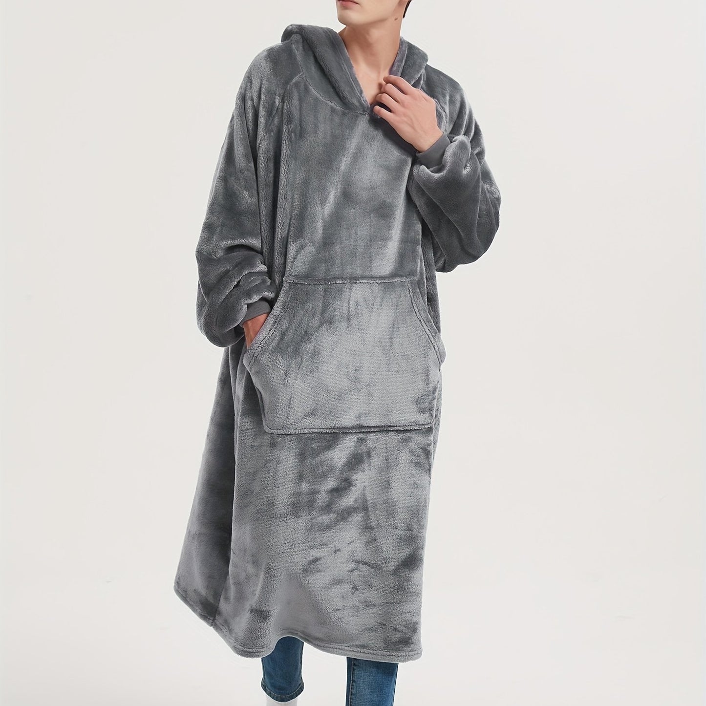 Men's Cozy Flannel Hooded Robe - Extra Long, Solid Color Lounge Wear with Pockets for Autumn & Winter, Machine Washable