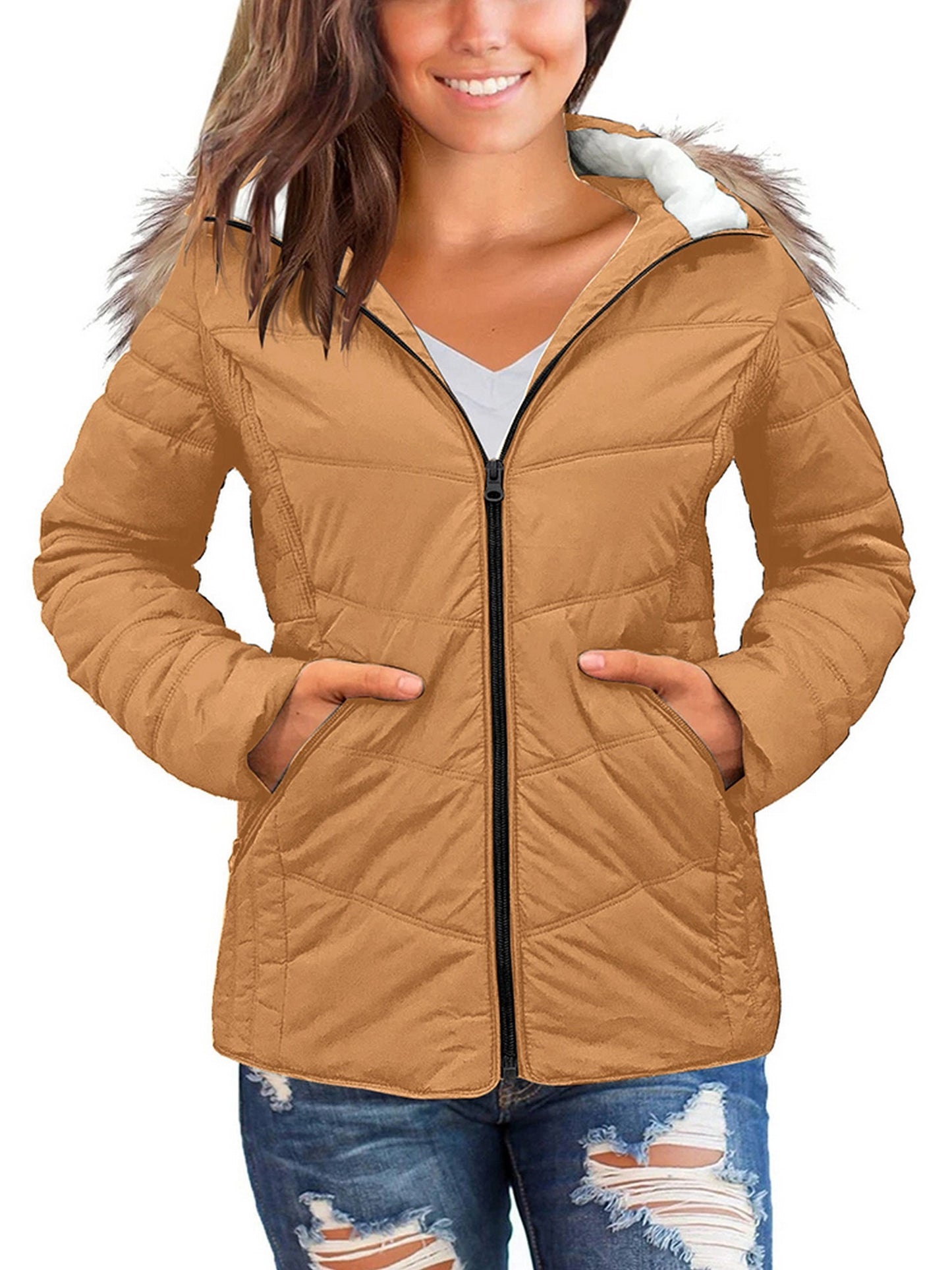 Women's Outerwear Solid Zip Pocket Casual Hooded Cropped Down Jacket