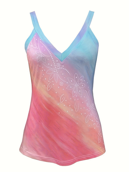 Women's Floral Gradient Cami Top - Casual V Neck Sleeveless Summer Shirt for Fashionable Comfort