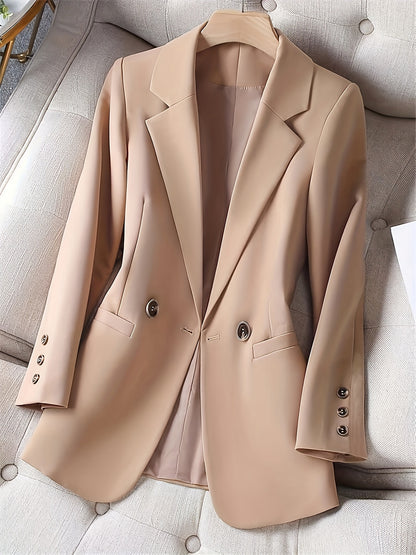 Long Sleeve Elegant Double-Breasted Pea Coat Blazer - Micro Elasticity, Polyester Material, Machine Washable, Regular Length, Solid Color - Perfect for Office and Work, Womens Clothing