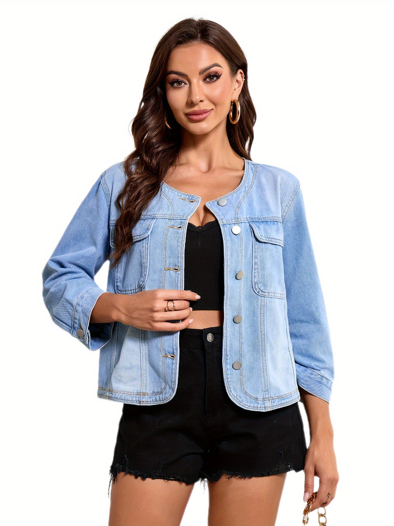 Plain Washed Blue Button Up Crew Neck Long Sleeve Elegant Style Denim Jacket Top, Women's Denim Jeans & Clothing