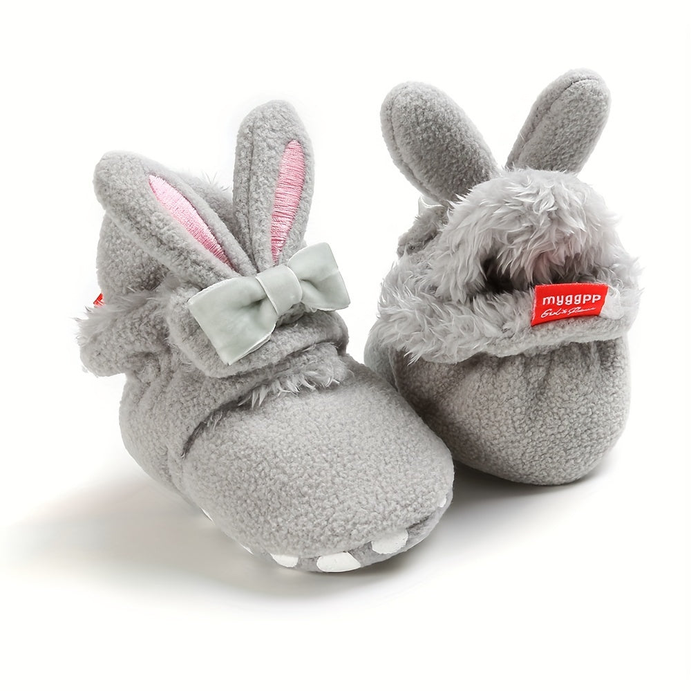 Myggpp Cute Bunny Ear Infant Booties - Casual & Party Ankle-High Walking Shoes with Hook and Loop Fastener, Soft Fabric Upper and Inner Sole, Round Toe, Solid Color with Cartoon Design for Boys and Infants, Suitable for All Seasons