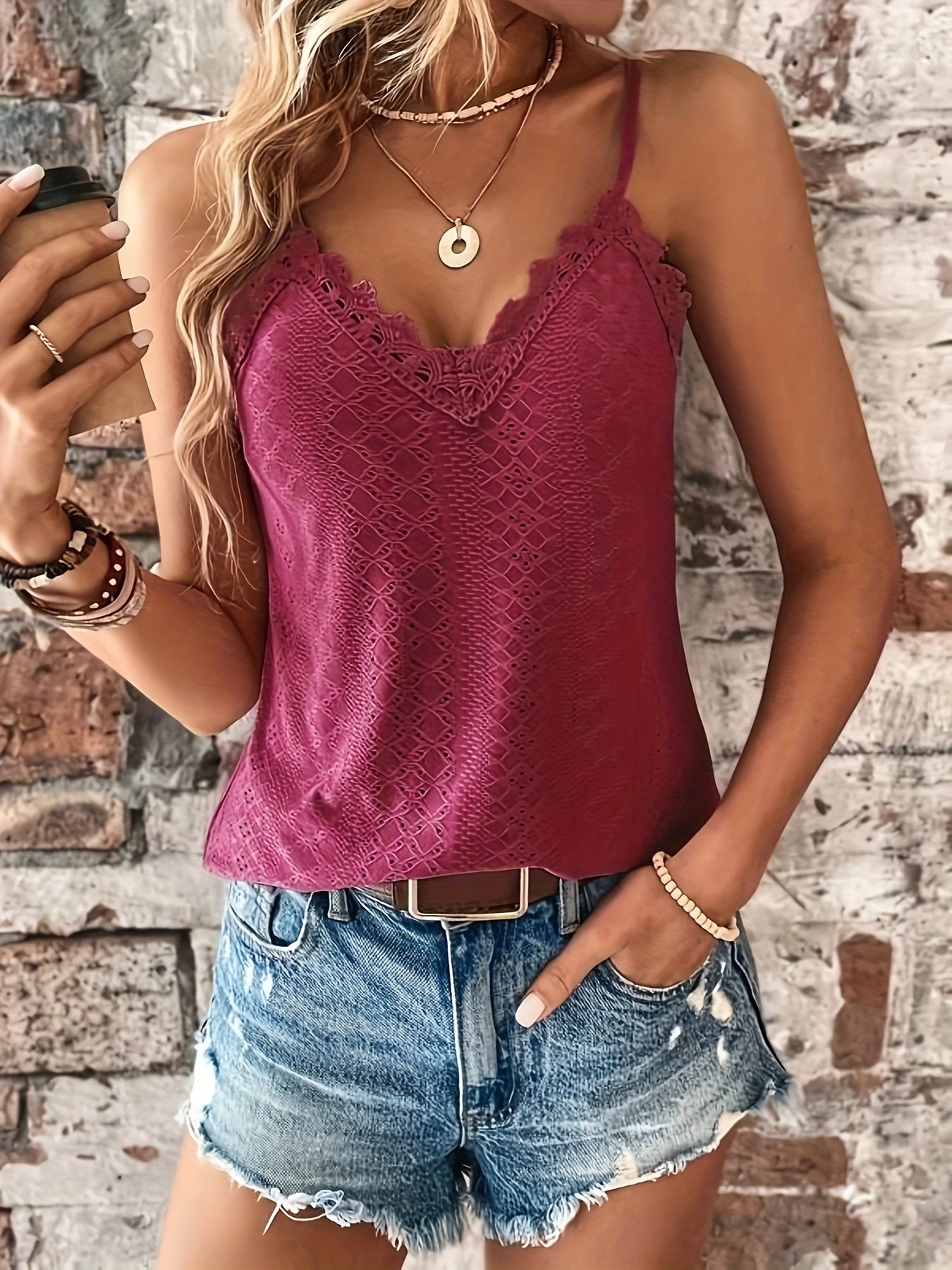 Contrast Lace Spaghetti Strap Top, Casual V-neck Eyelet Sleeveless Cami Top For Summer, Women's Clothing